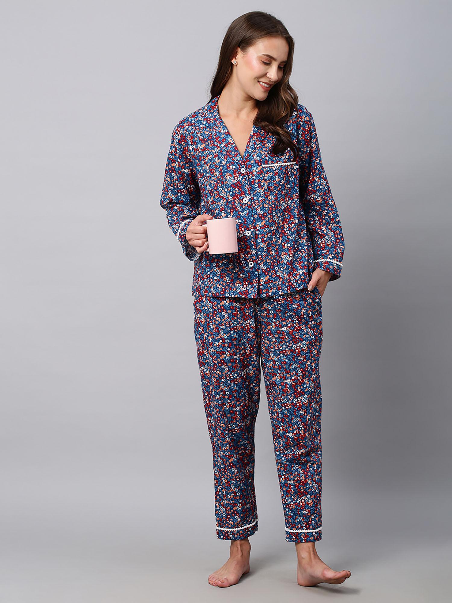 floral printed cotton dobby nightsuit pyjama & shirt (set of 2)