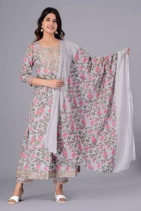 floral printed cotton embroidered work regular anarkali kurta with palazzo & dupatta - grey