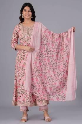 floral printed cotton embroidered work regular anarkali kurta with palazzo & dupatta - pink