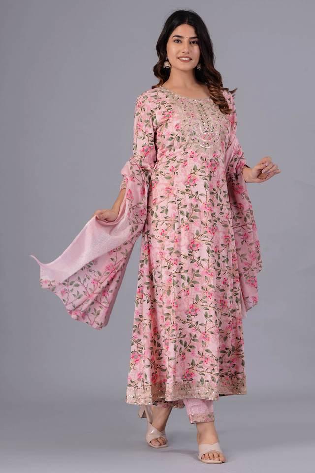 floral printed cotton embroidered work regular anarkali kurta with palazzo _ dupatta