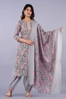 floral printed cotton embroidered work regular kurta with palazzo & dupatta - grey