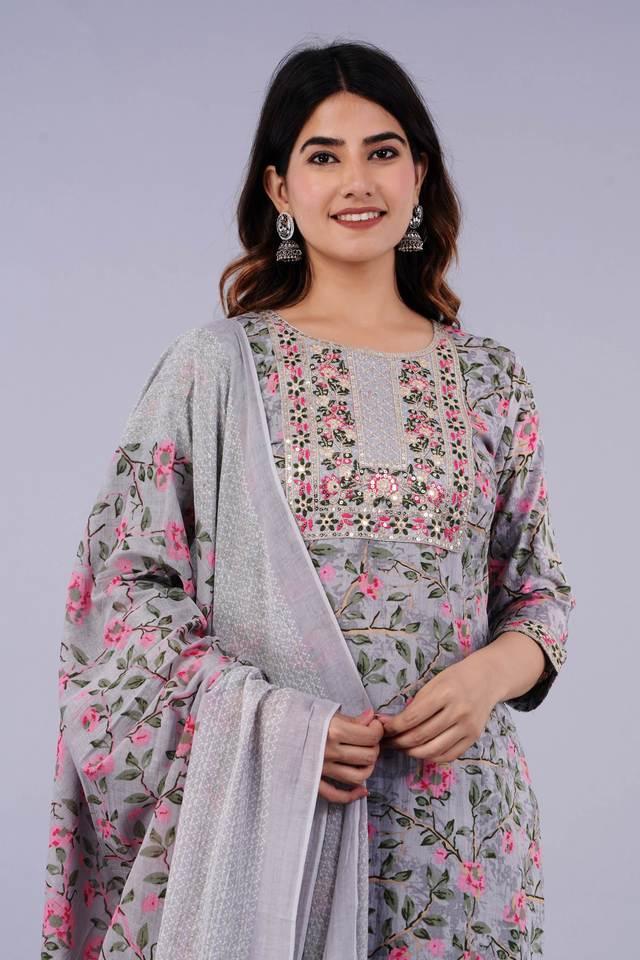 floral printed cotton embroidered work regular kurta with palazzo _ dupatta