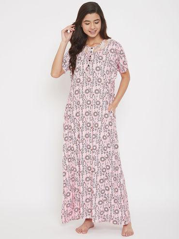 floral printed cotton modal maxi nightdress with lace yoke - pink