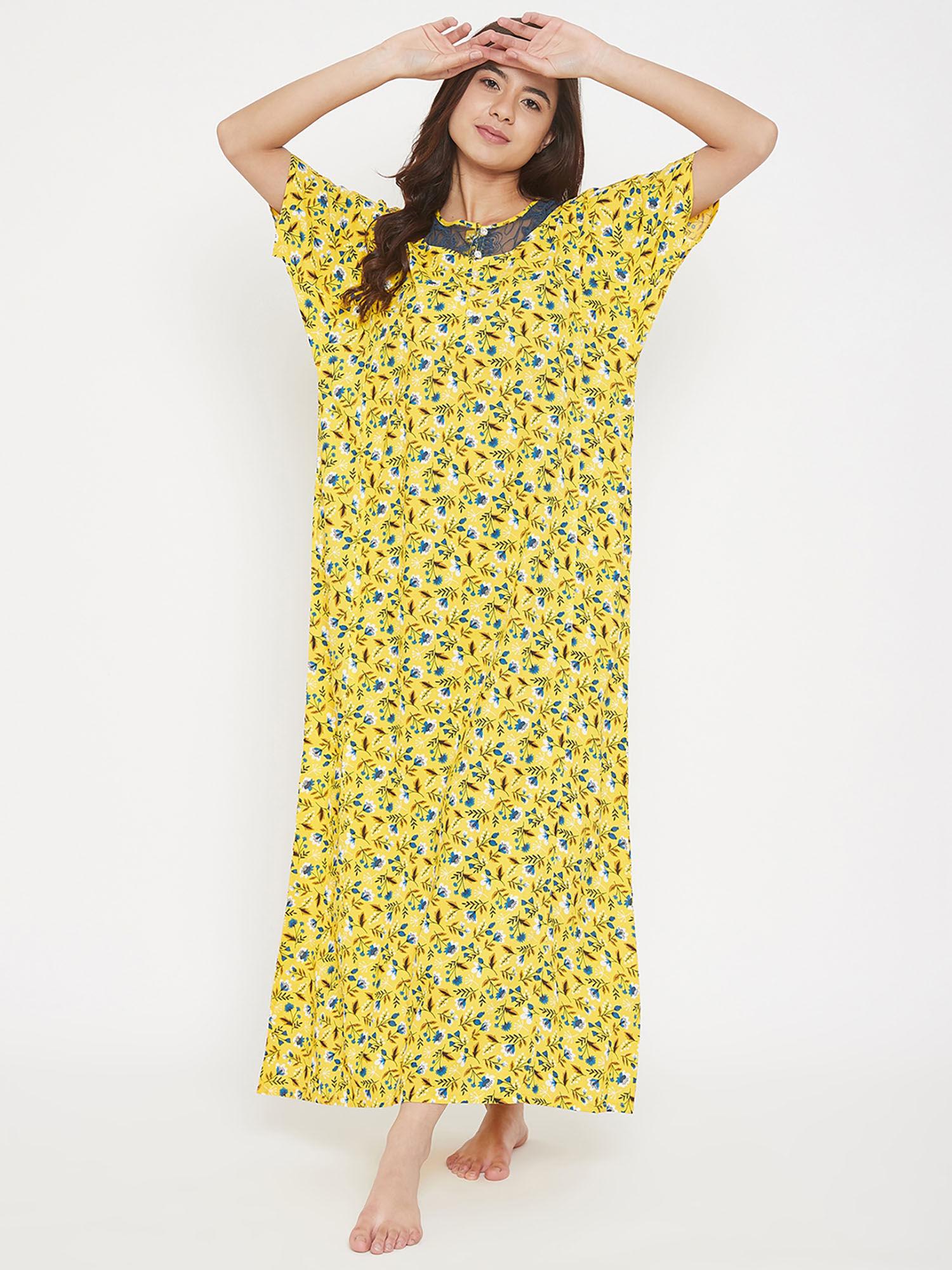 floral printed cotton modal maxi nightdress with lace yoke - yellow