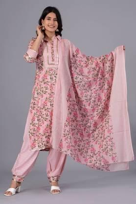 floral printed cotton shirt collar sequinned kurta with palazzo & with dupatta - pink