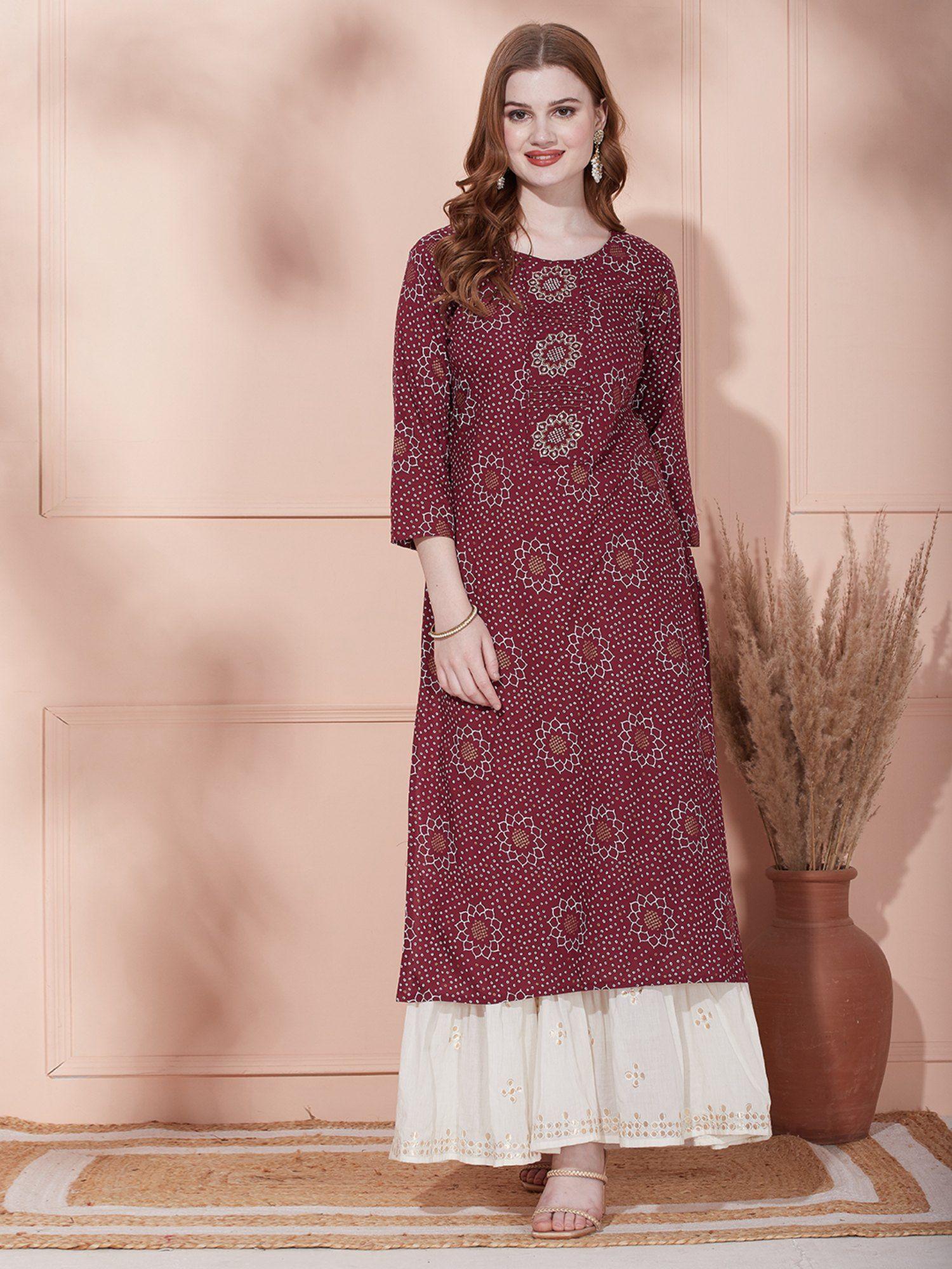 floral printed dabka embroidered kurta - maroon