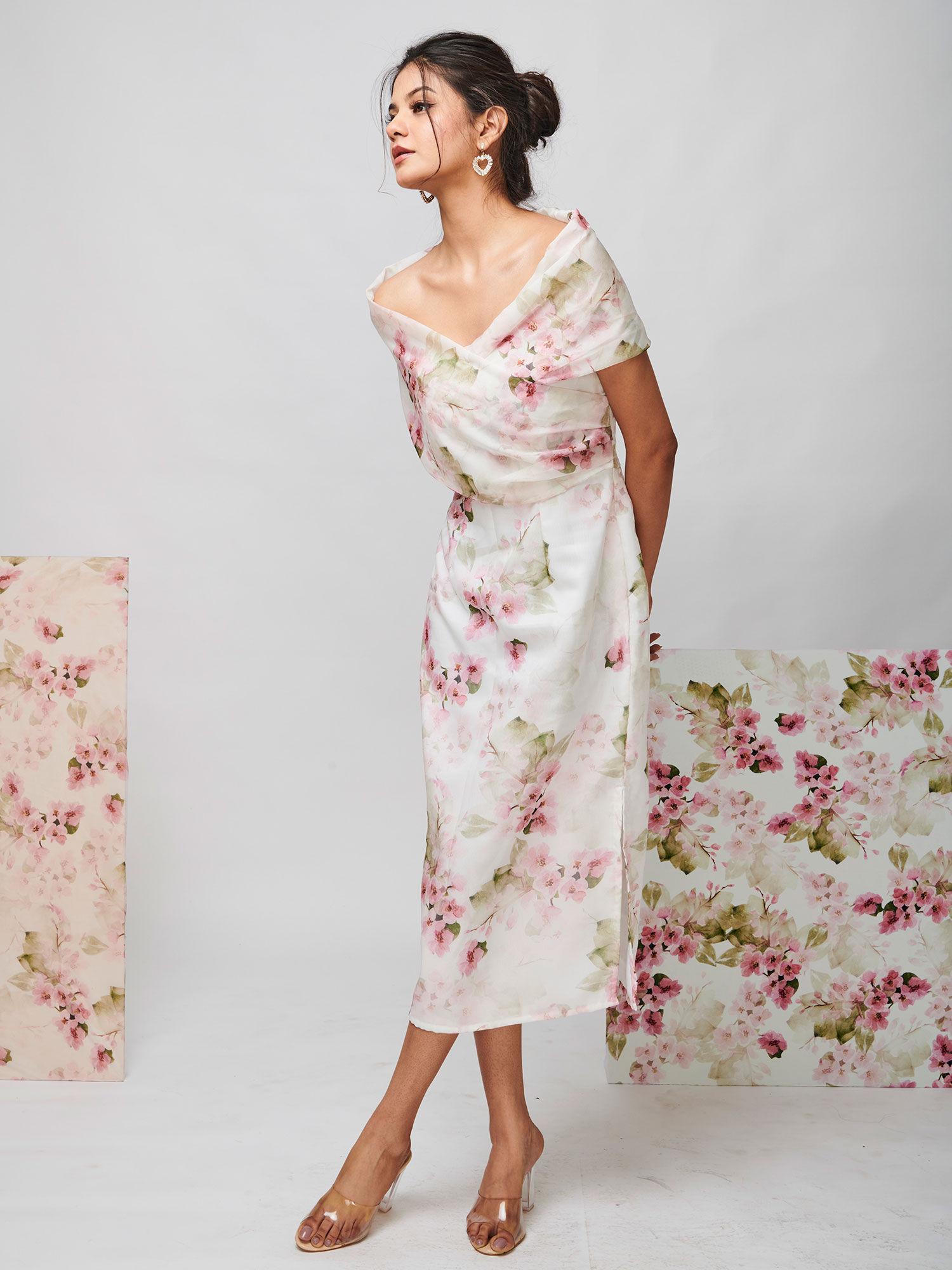 floral printed draped midi dress