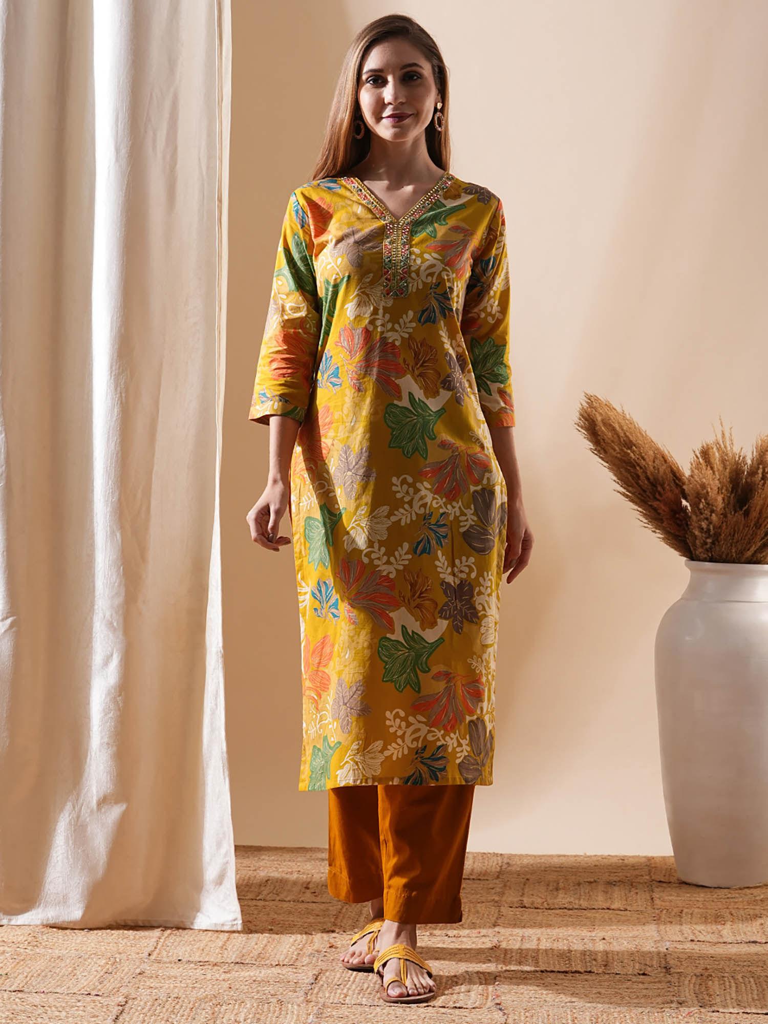 floral printed embroidered kurta - mustard and multi