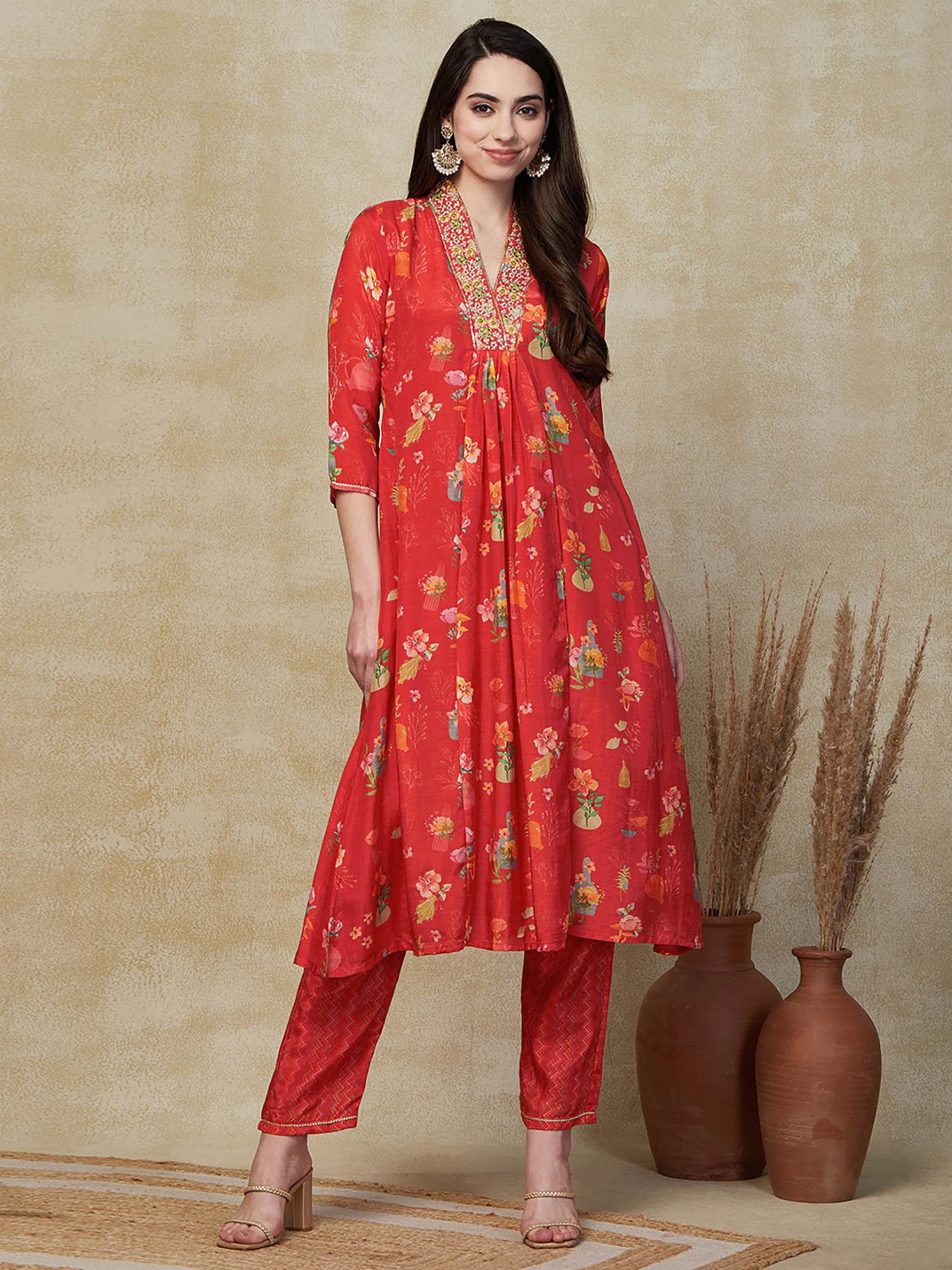floral printed embroidered kurta with pant - red (set of 2)
