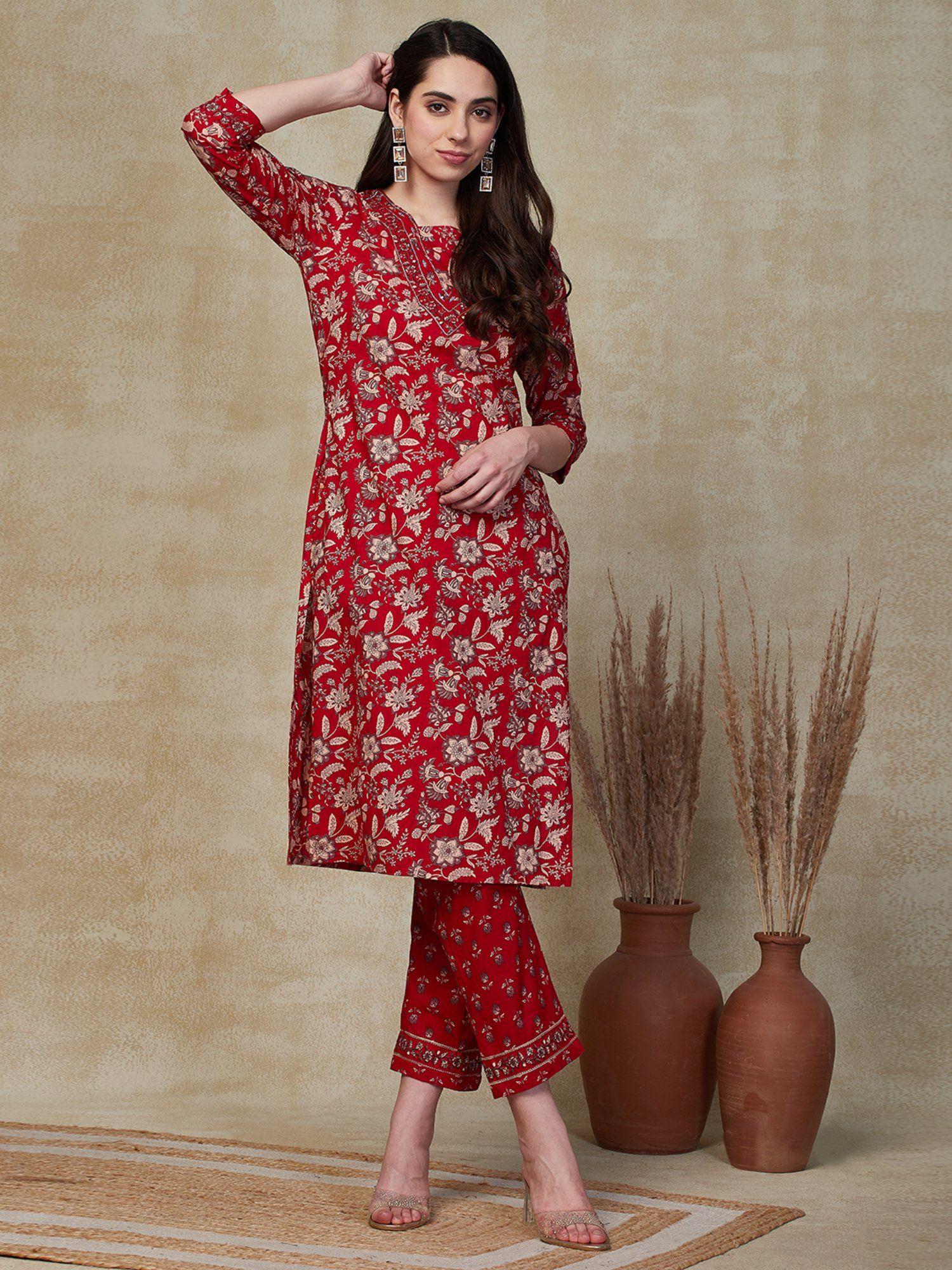 floral printed embroidered kurta with pants - red (set of 2)