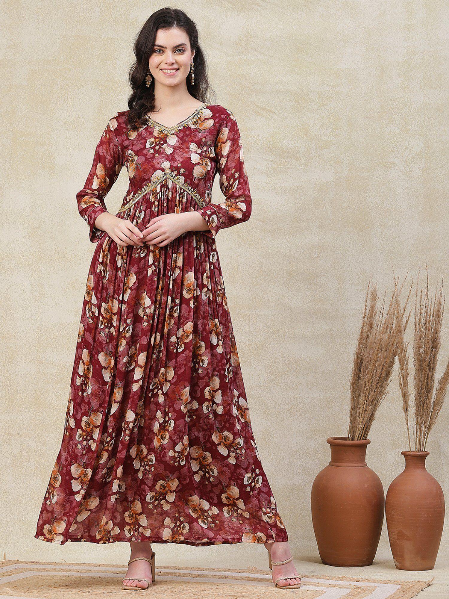 floral printed embroidered maxi dress - maroon