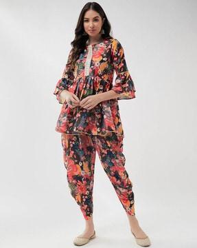 floral printed flared kurta & dhoti set