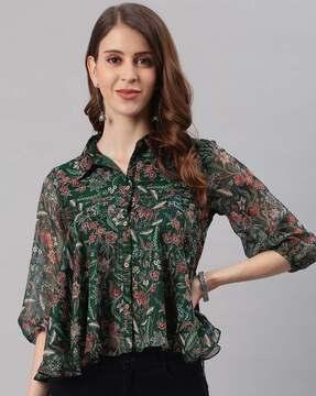 floral printed georgette top with button-front