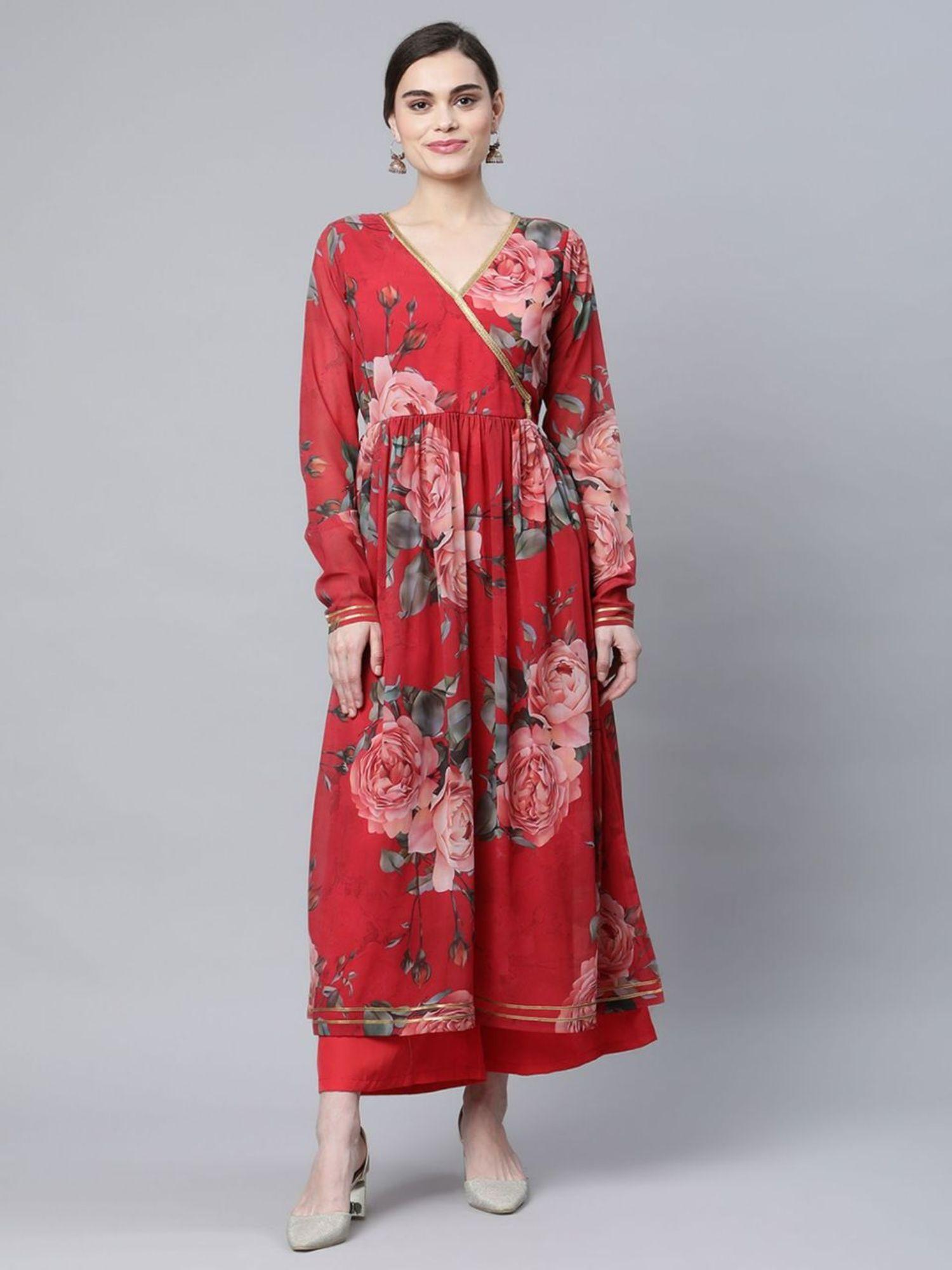 floral printed gotta patti v-neck long sleeves angrakha anarkali kurta set