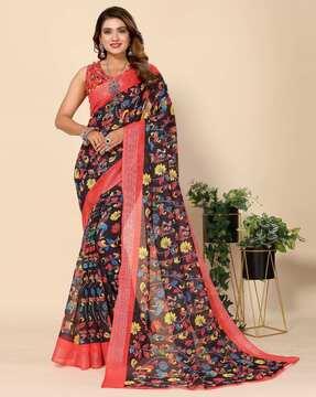 floral printed half & half saree with contrast border