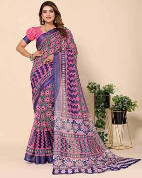 floral printed half & half saree with contrast border