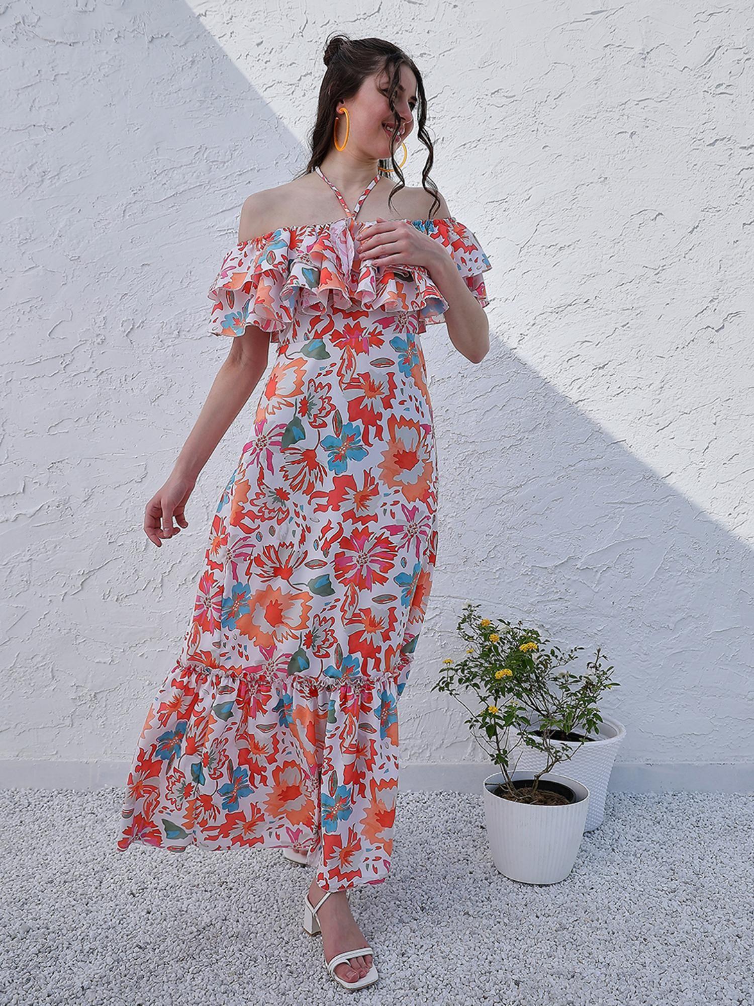 floral printed halter neck tiered gathered crepe maxi dress - white