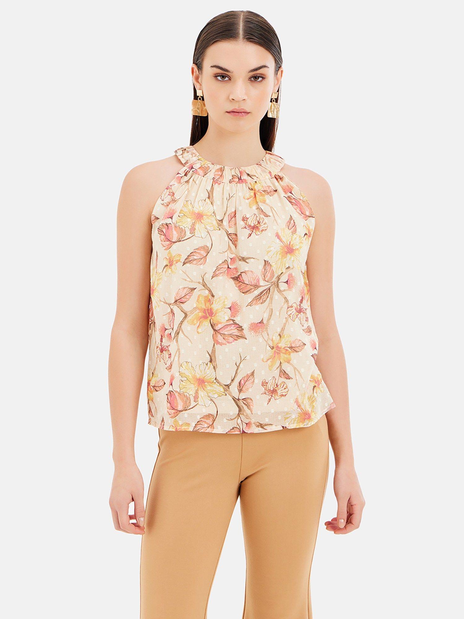 floral printed halter neck top with back tie-up