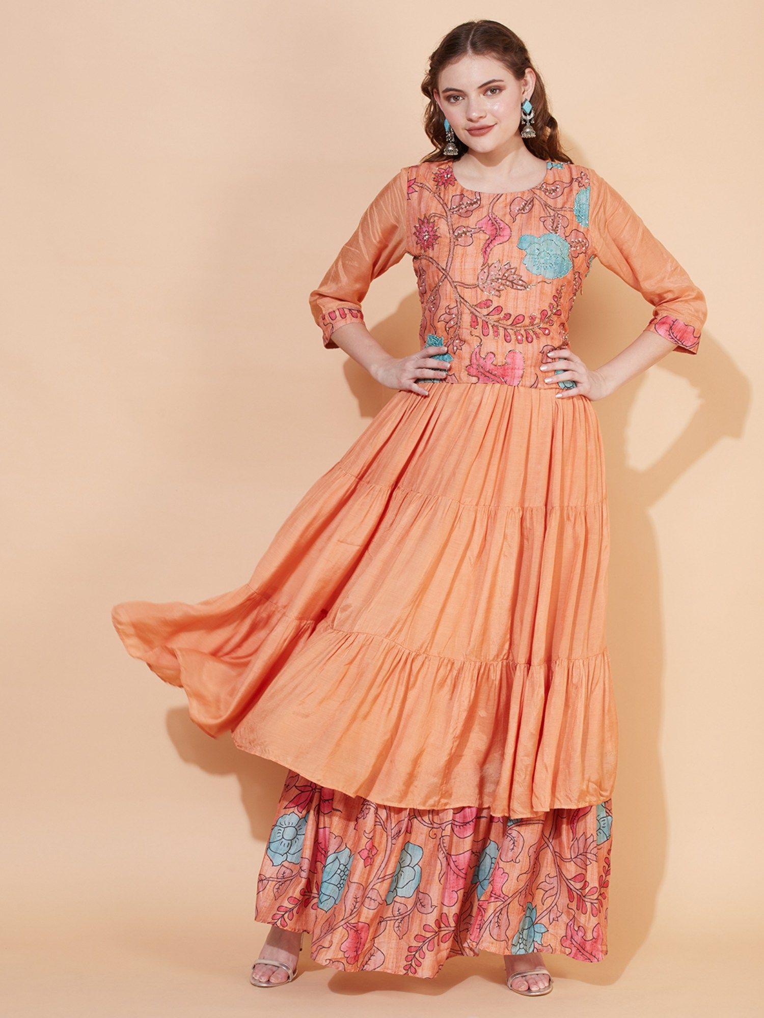 floral printed hand embroidered tiered flared maxi dress - light orange