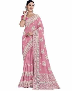 floral printed heavy border saree with blouse piece saree