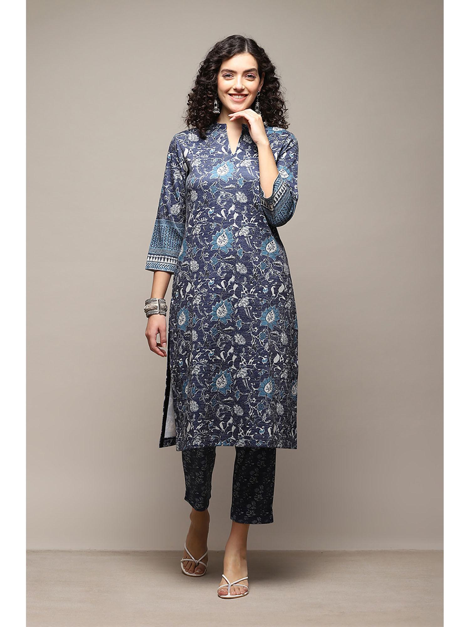 floral printed indigo kurta (set of 2)