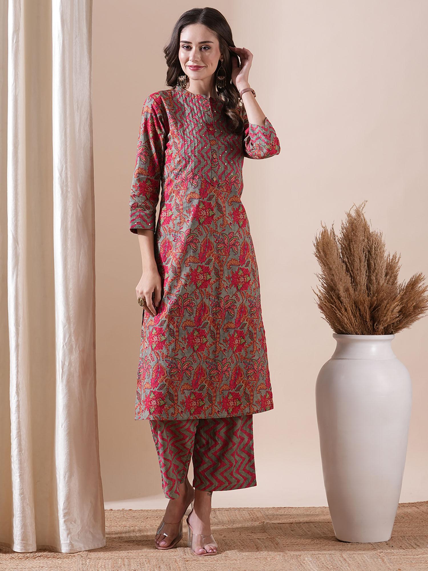 floral printed kurta with palazzo - grey & red (set of 2)