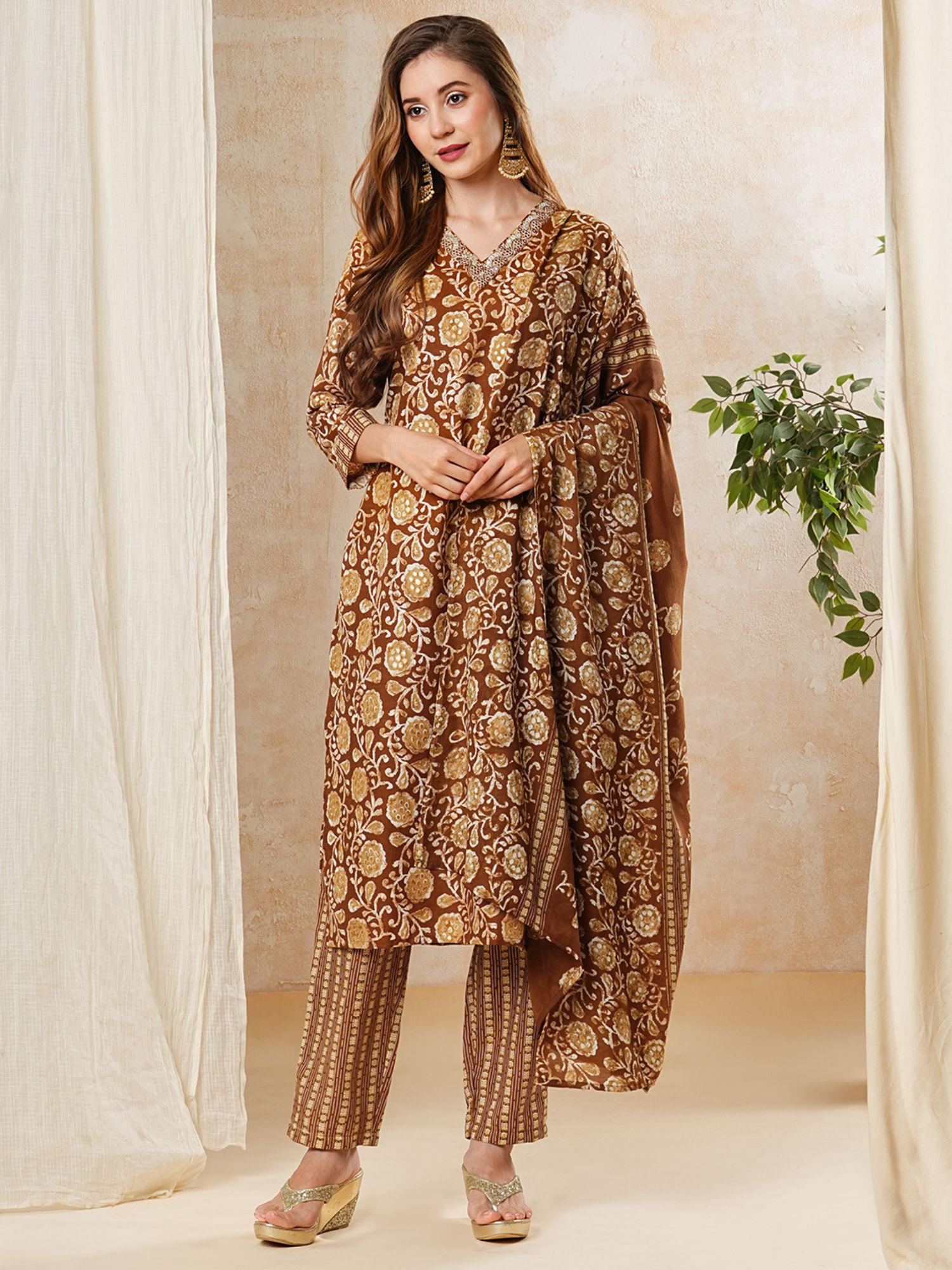 floral printed kurta with pant & dupatta - bronze (set of 3)