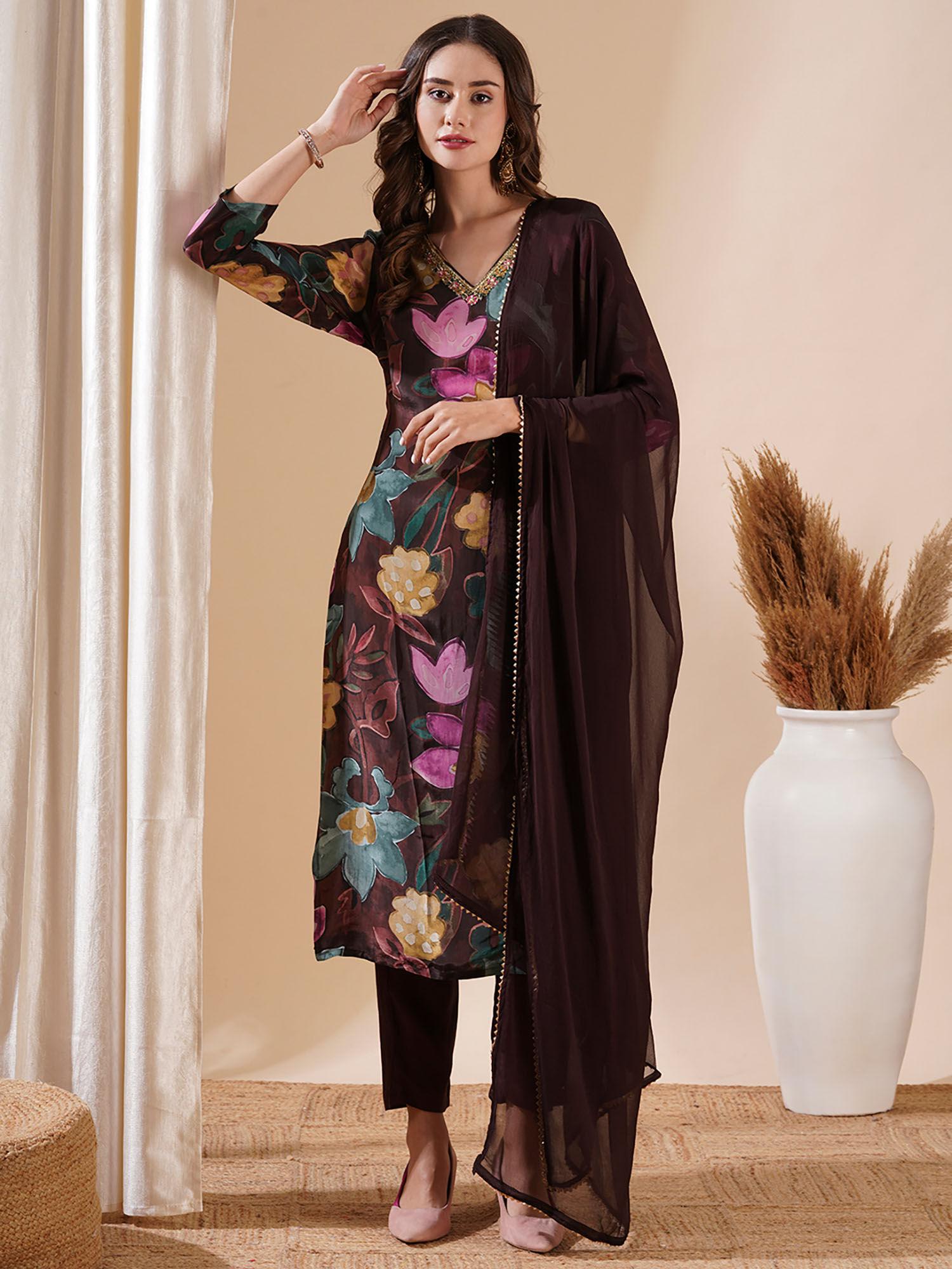 floral printed kurta with pants and dupatta (set of 3)