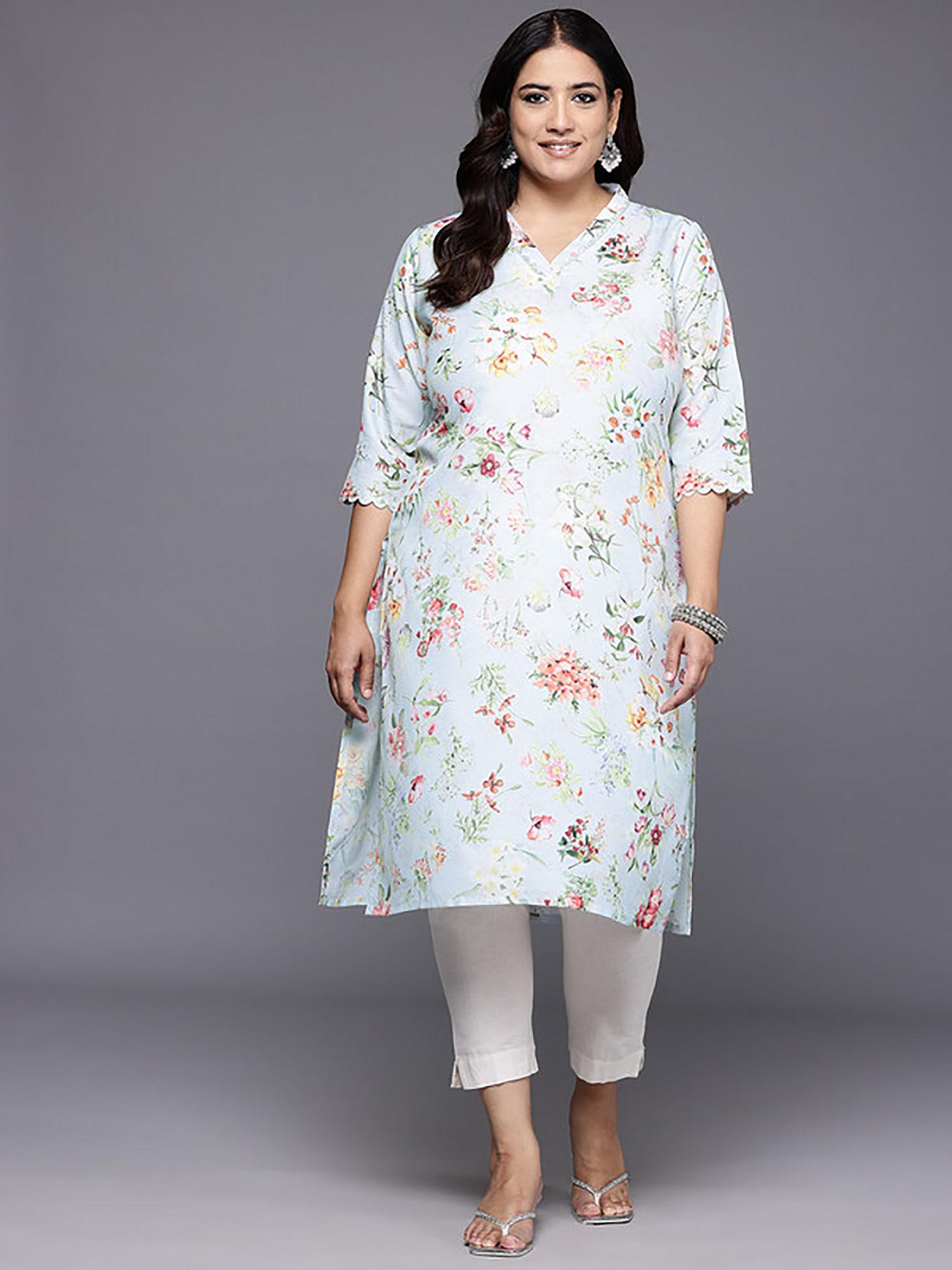 floral printed lace work blue kurta