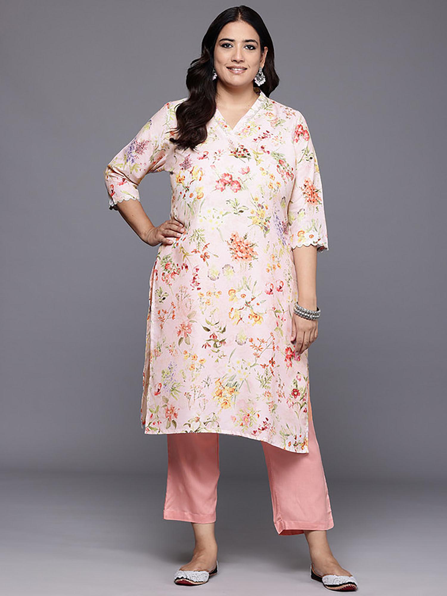 floral printed lace work pink kurta