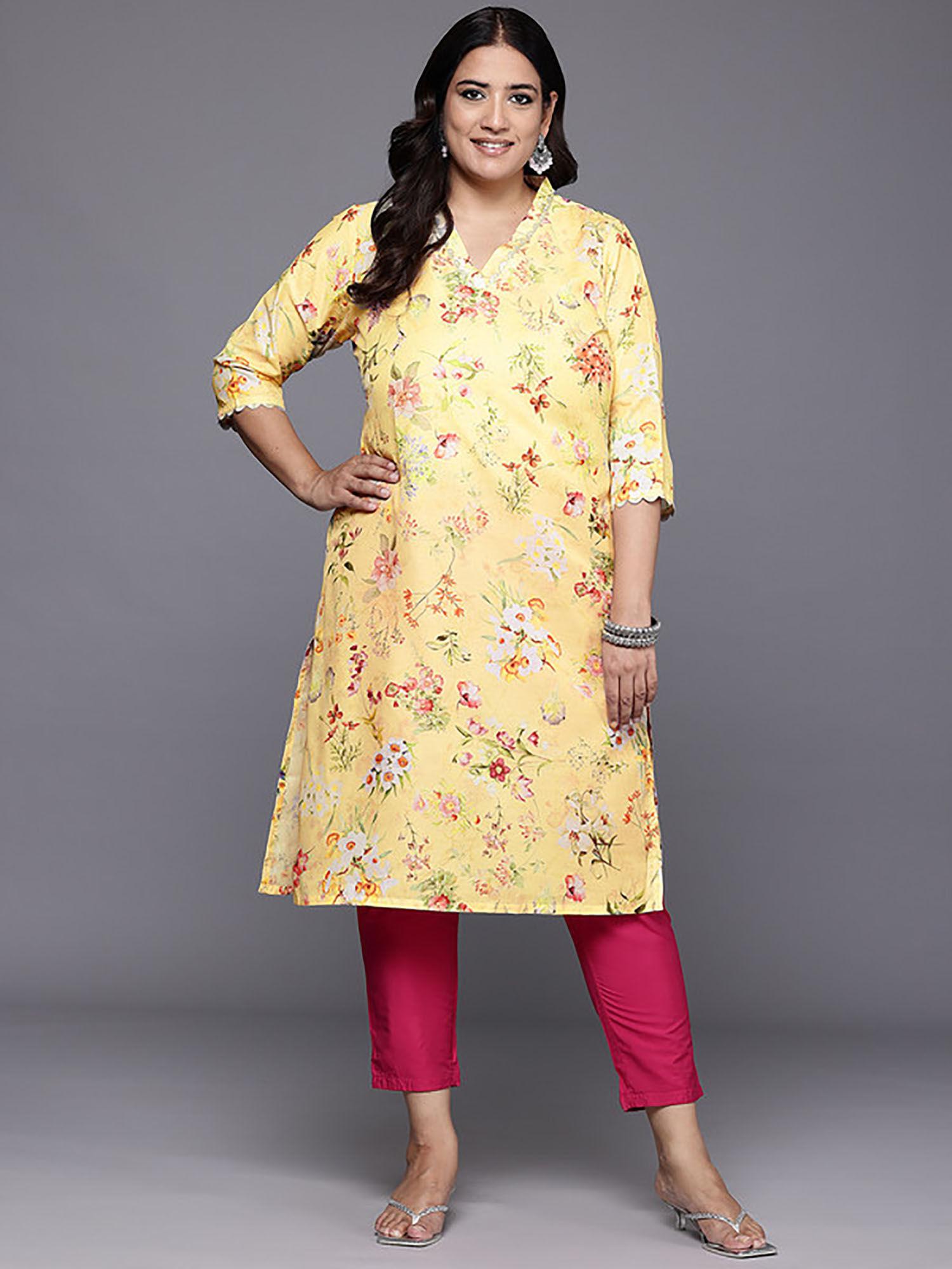 floral printed lace work yellow kurta