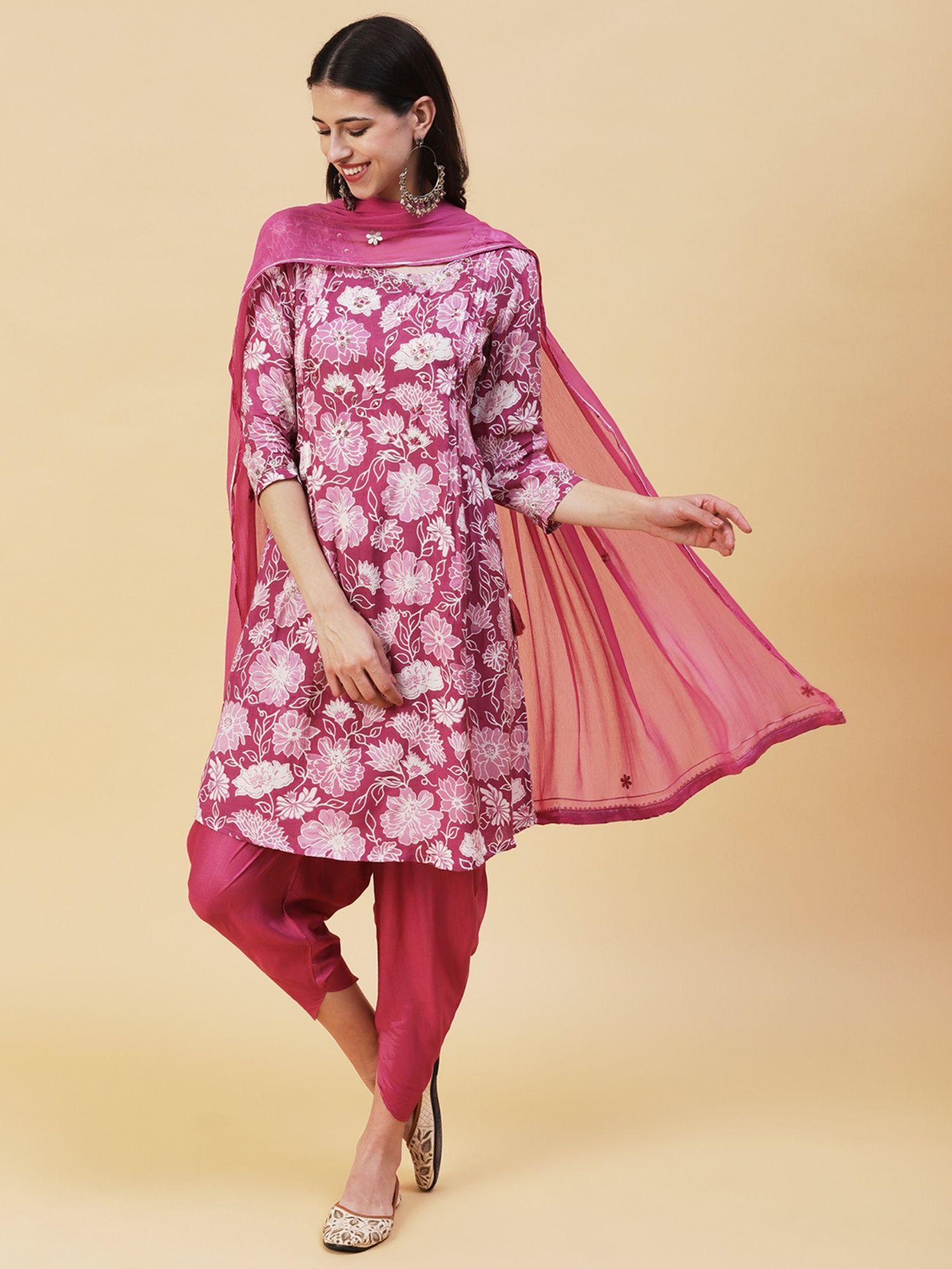 floral printed leather & kurta with dhoti pants & dupatta magenta (set of 3)