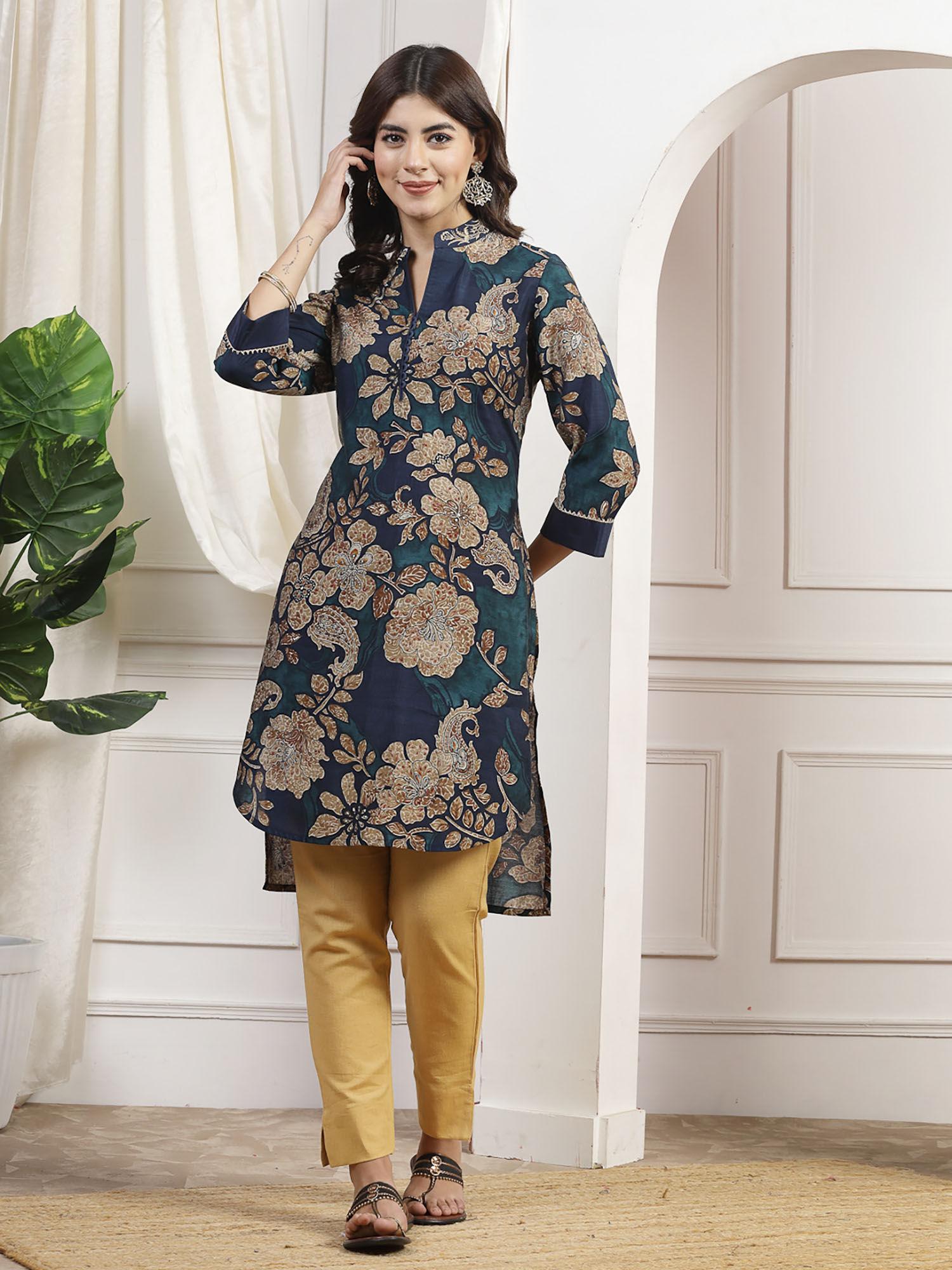 floral printed mandarin collar gotta patti chanderi cotton kurta