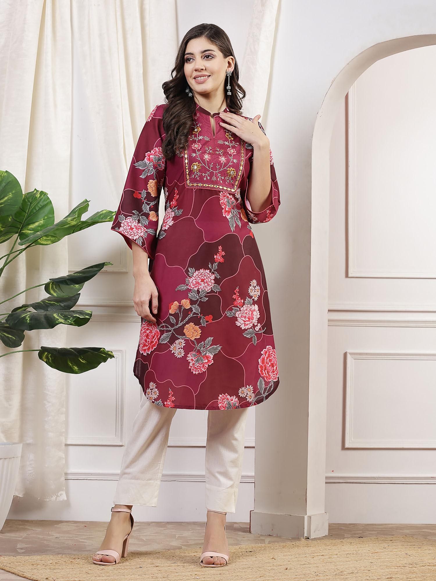 floral printed mandarin collar thread work straight maroon kurta