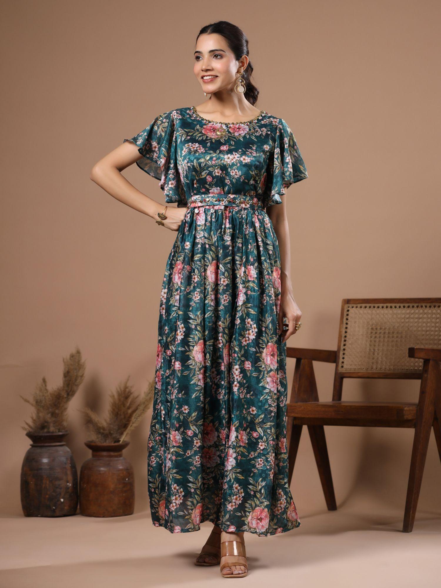 floral printed maxi dress with waist belt - green (set of 2)