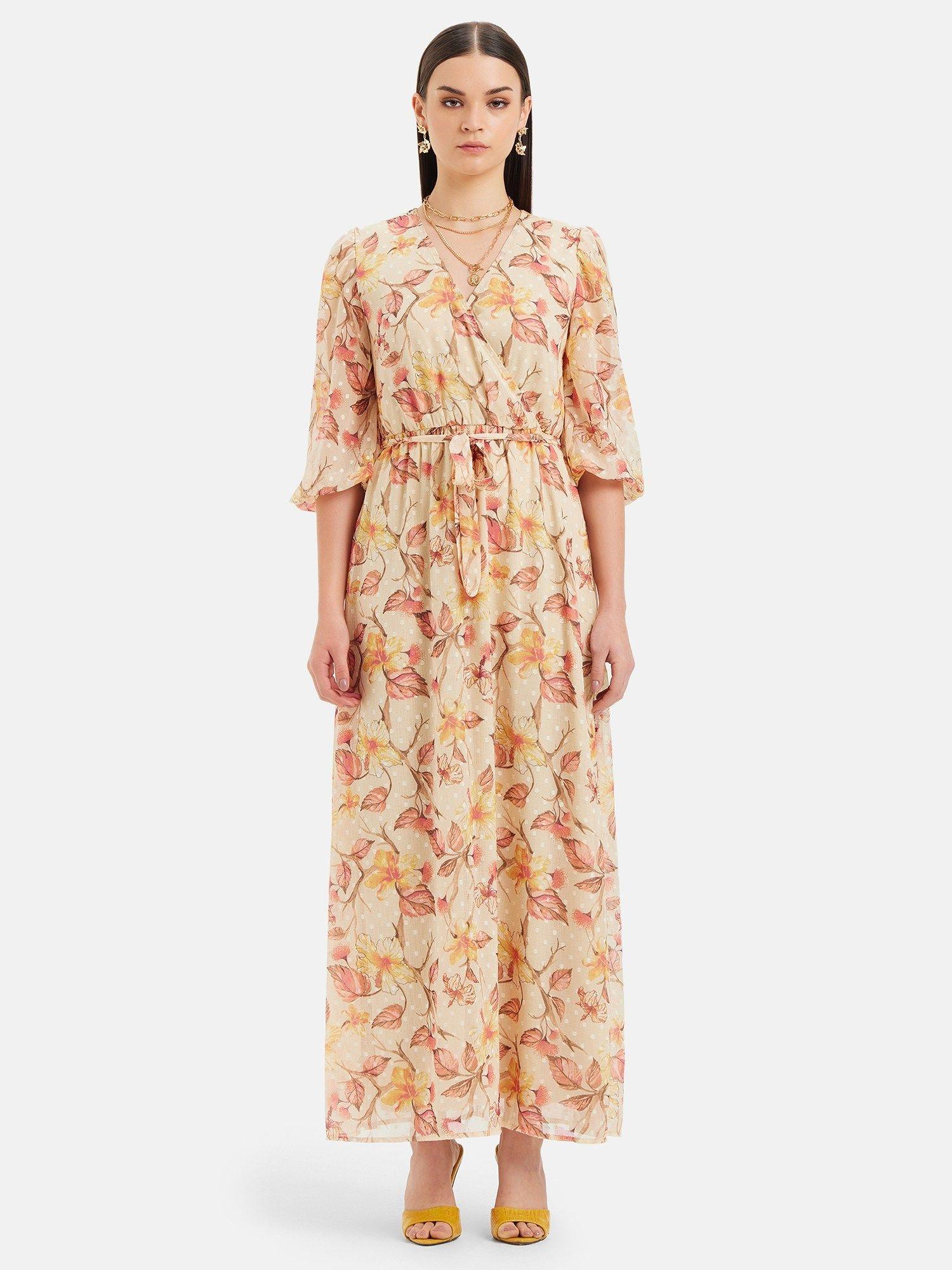 floral printed maxi dress with waist tie up belt (set of 2)