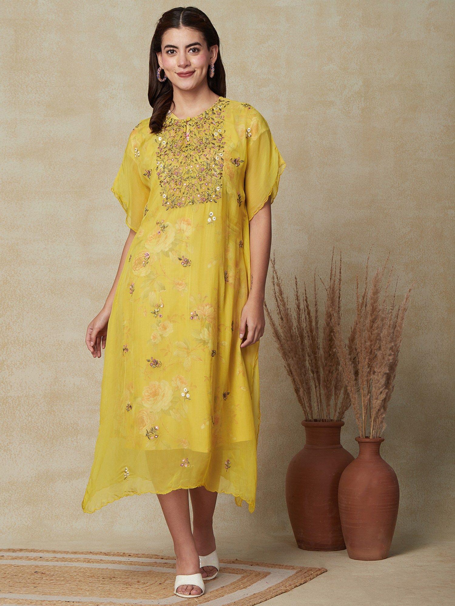 floral printed midi dress with kaftan jacket - yellow (set of 2)