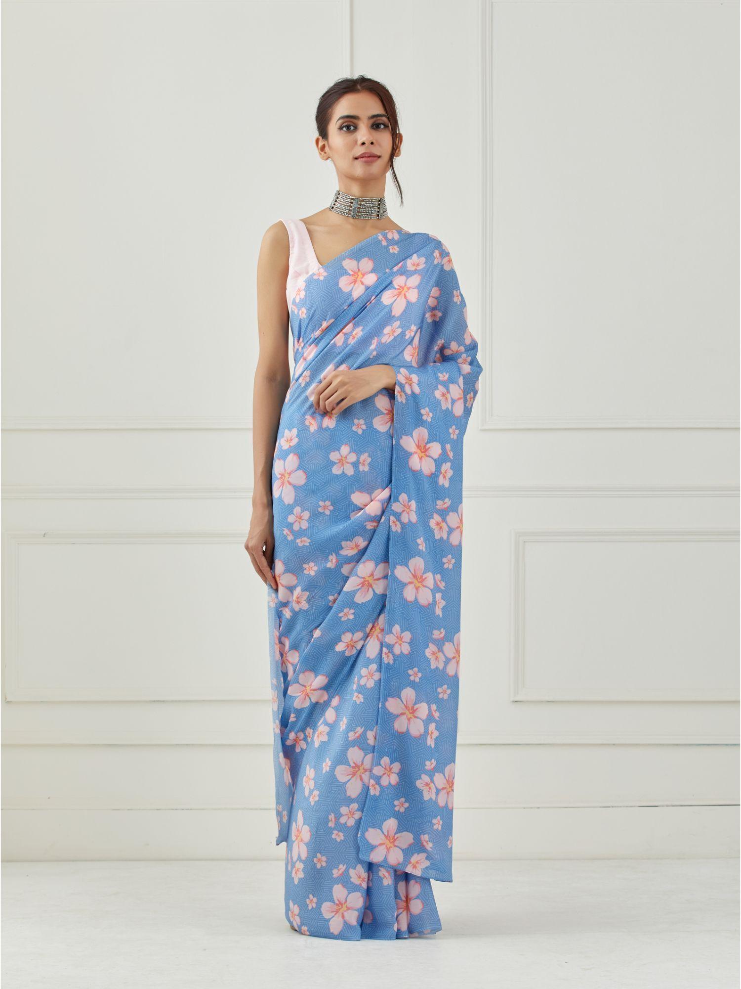 floral printed moon blue crepe saree with unstitched blouse