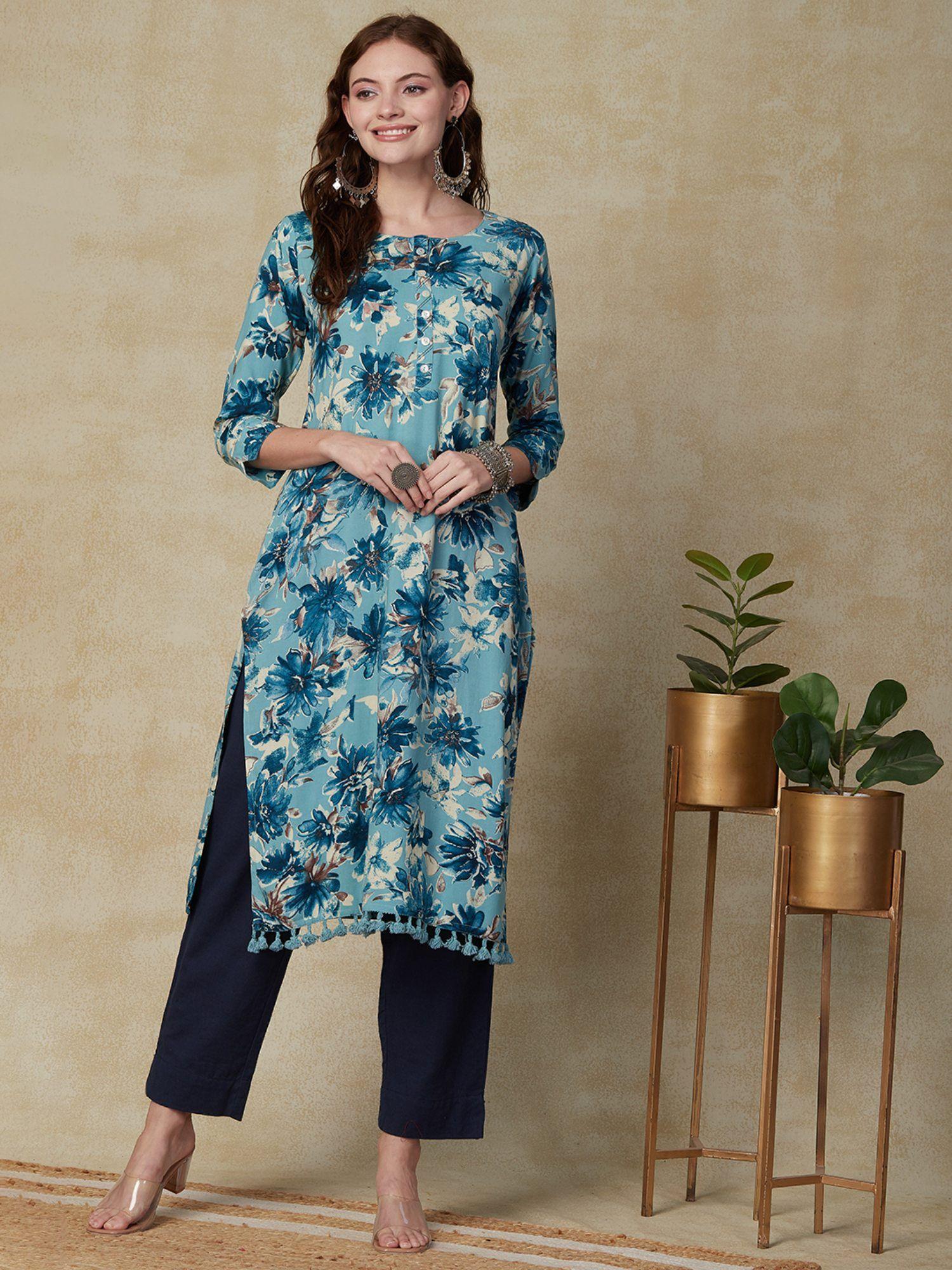 floral printed mother-of-pearl kurta blue