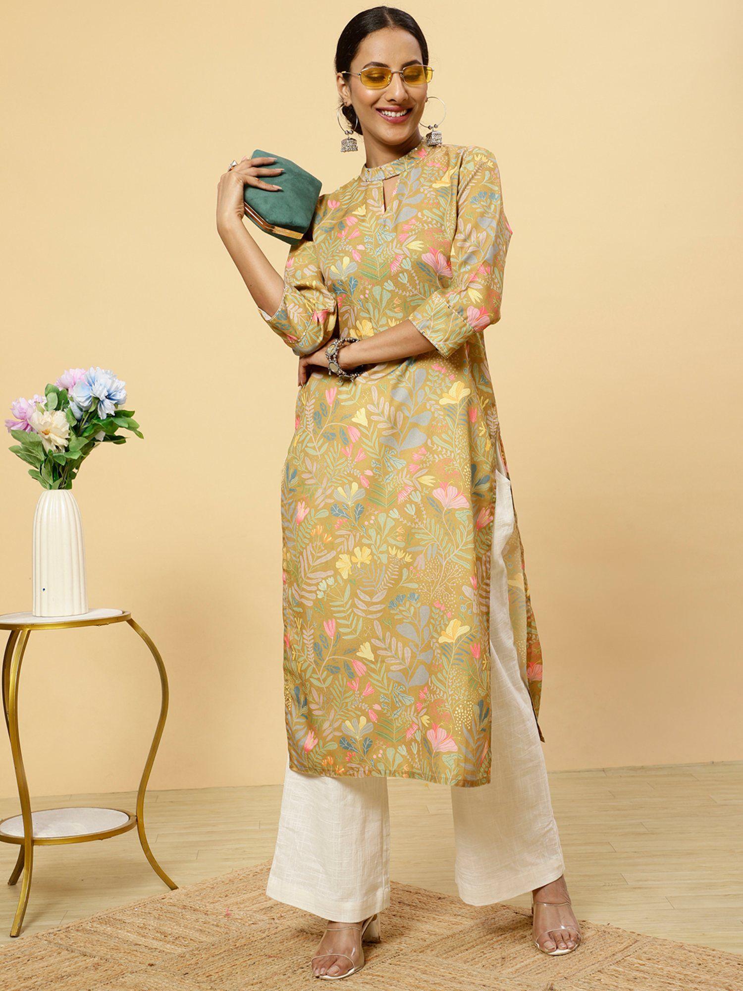 floral printed mustard straight kurta