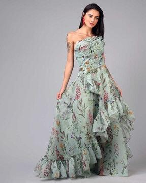 floral printed one shoulder gown