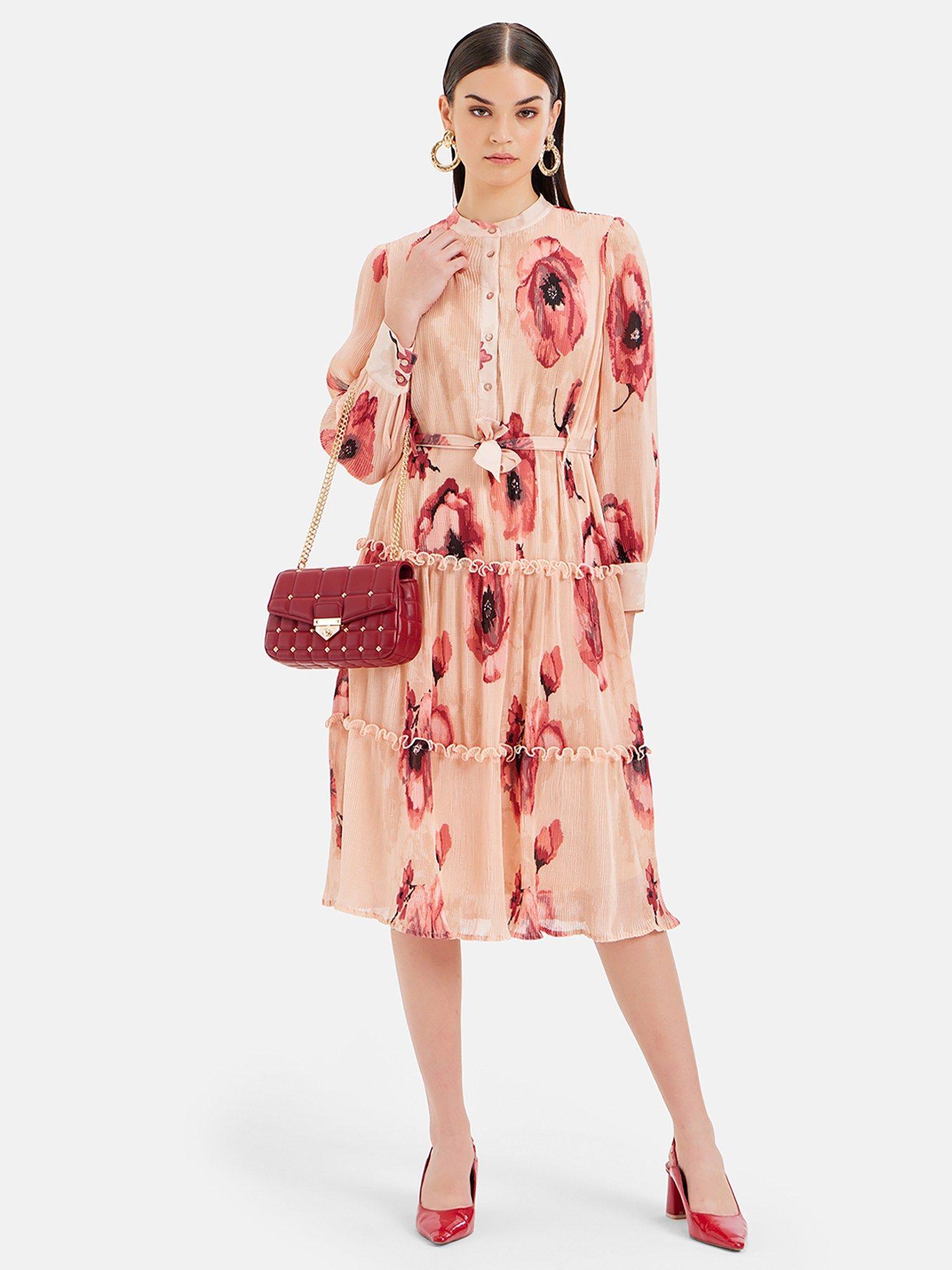 floral printed pleated shirt dress with tiers and a waist tie-up belt (set of 2)