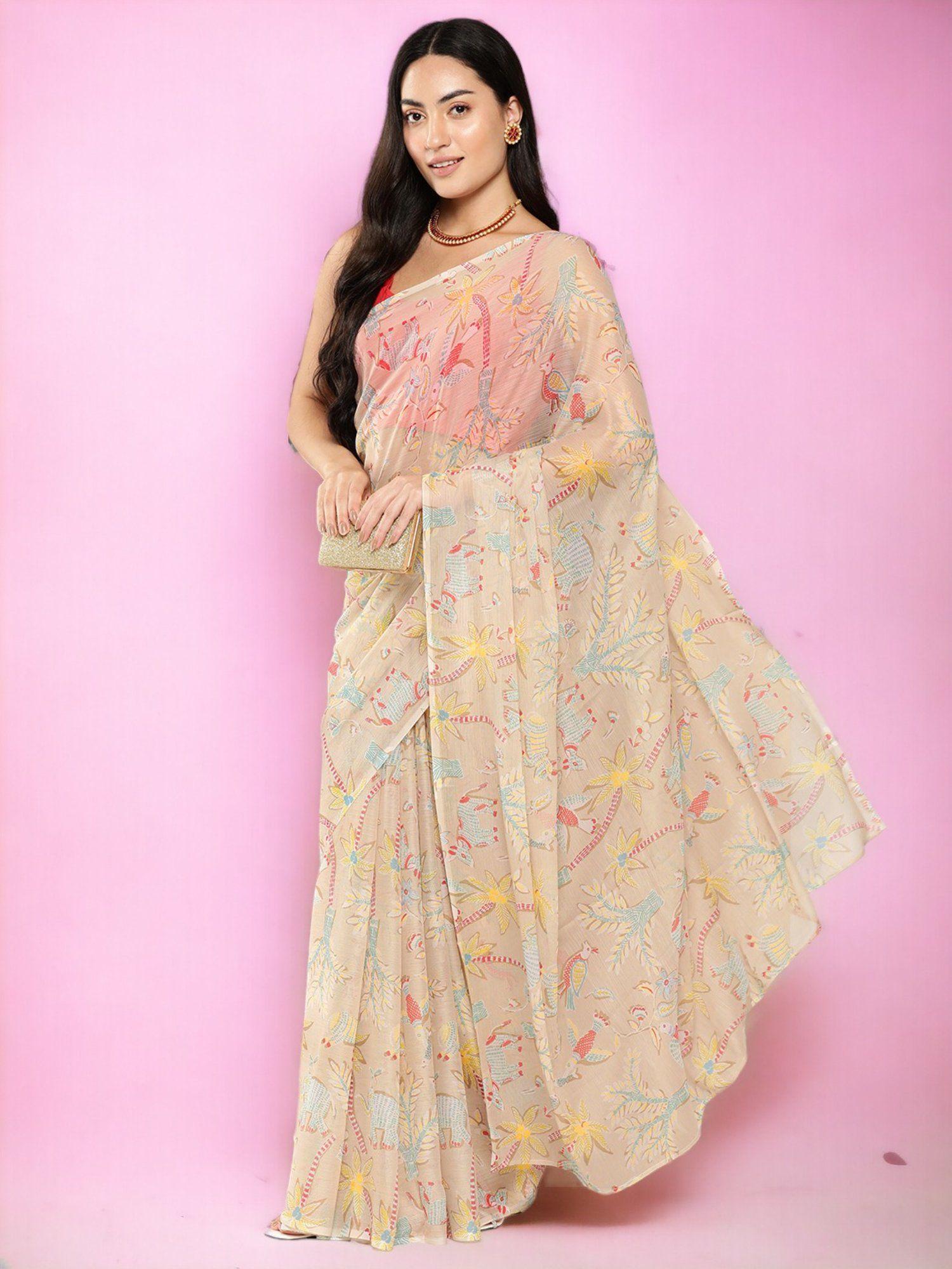 floral printed poly chiffon saree with unstitched blouse