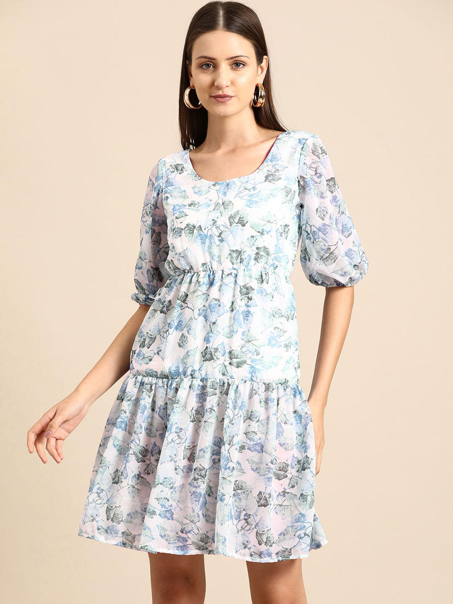 floral printed puff sleeve crepe fit flare dress