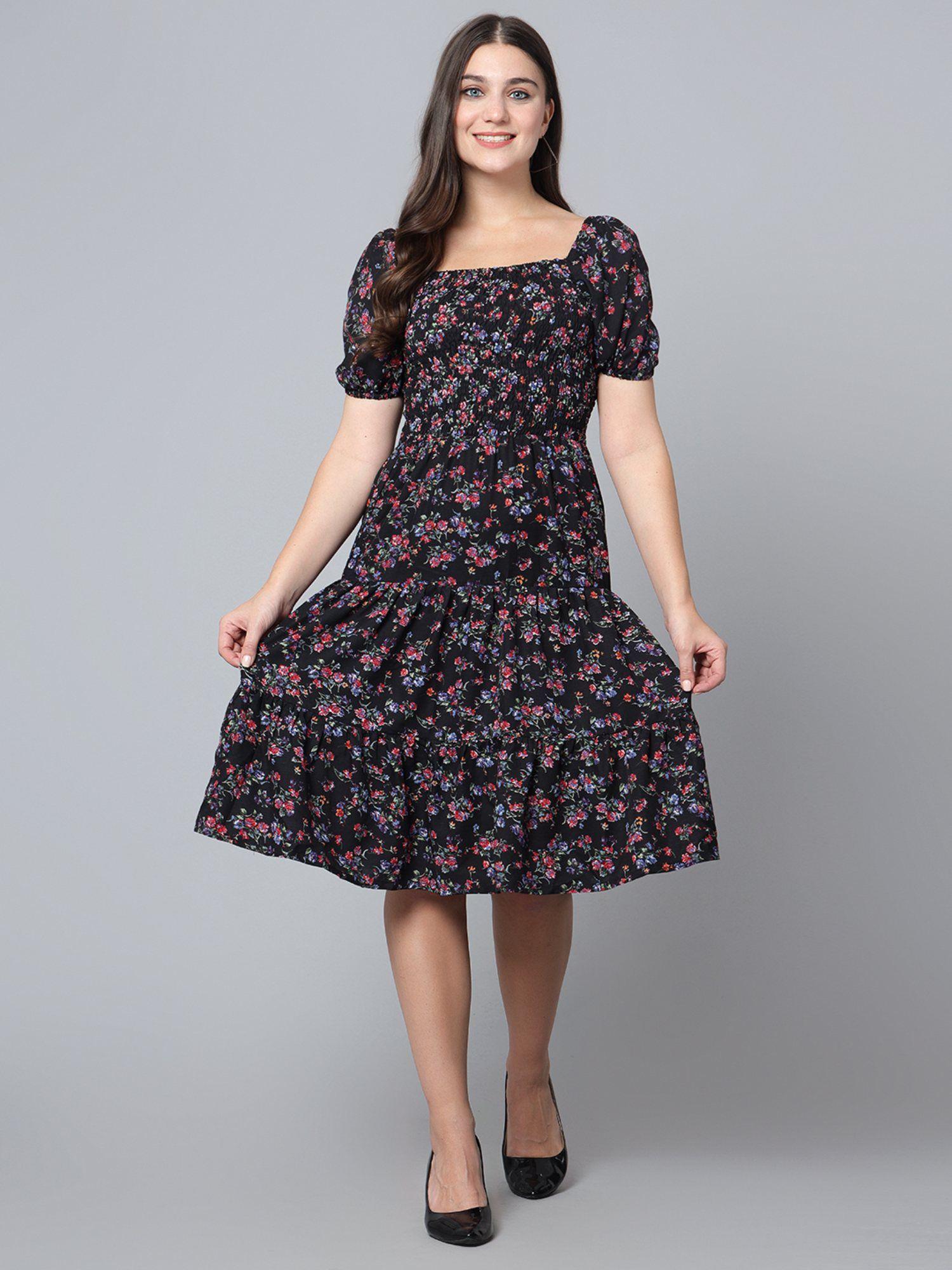 floral printed puff sleeve fit & flare dress blue