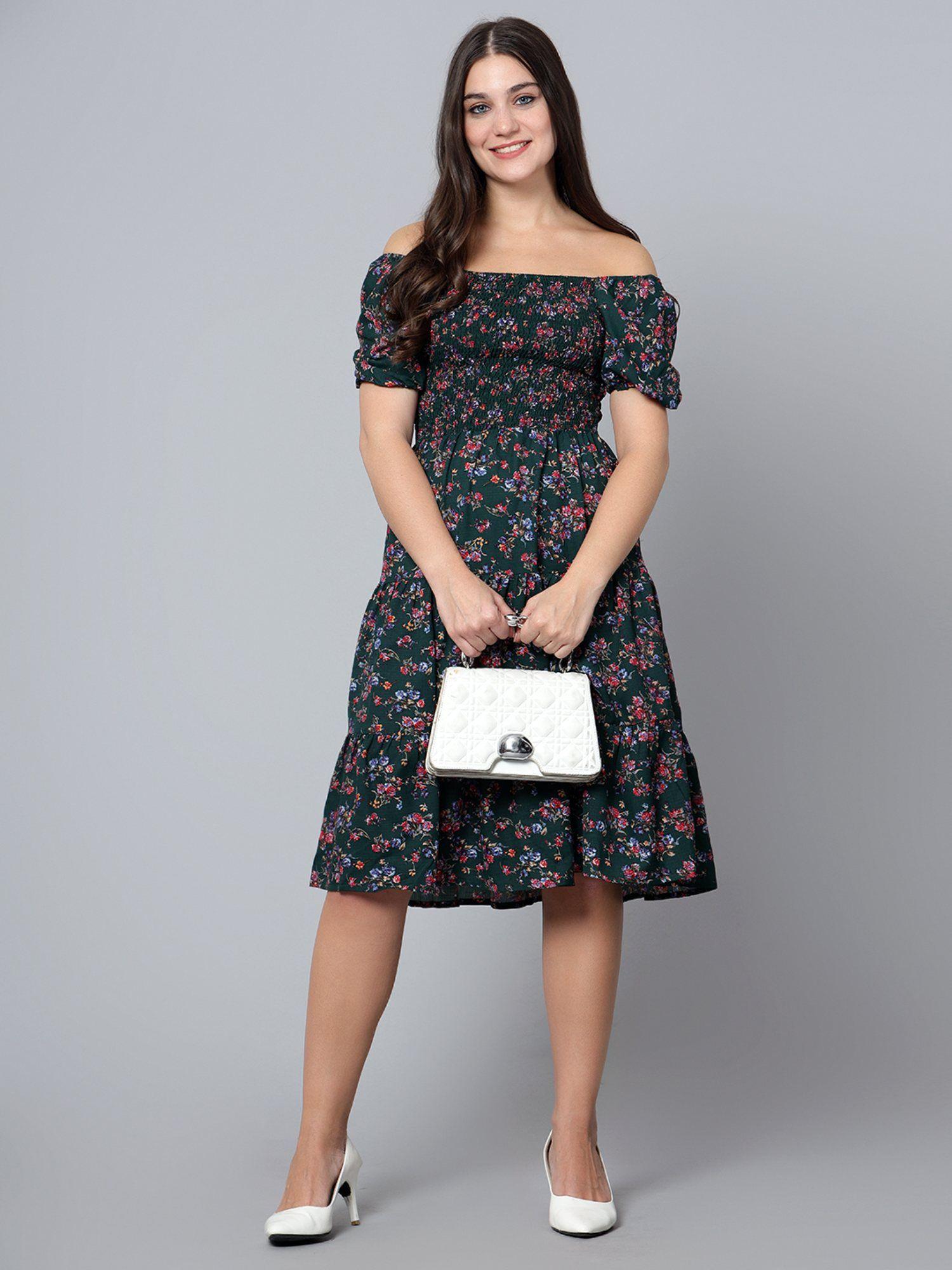 floral printed puff sleeve fit & flare dress green