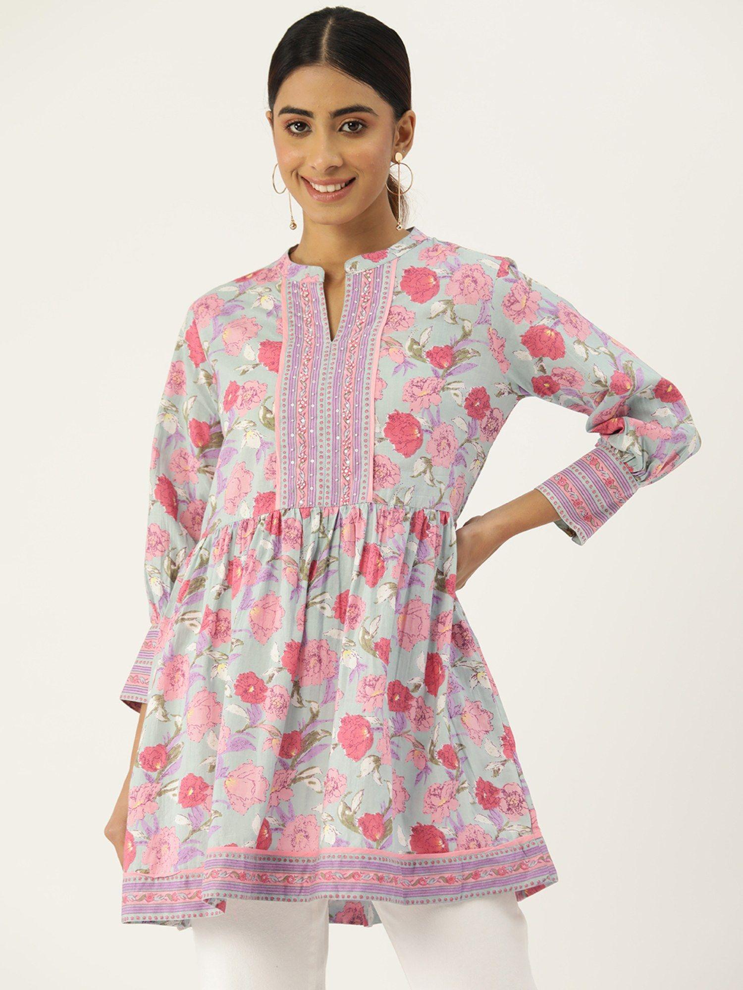 floral printed pure cotton pleated kurti