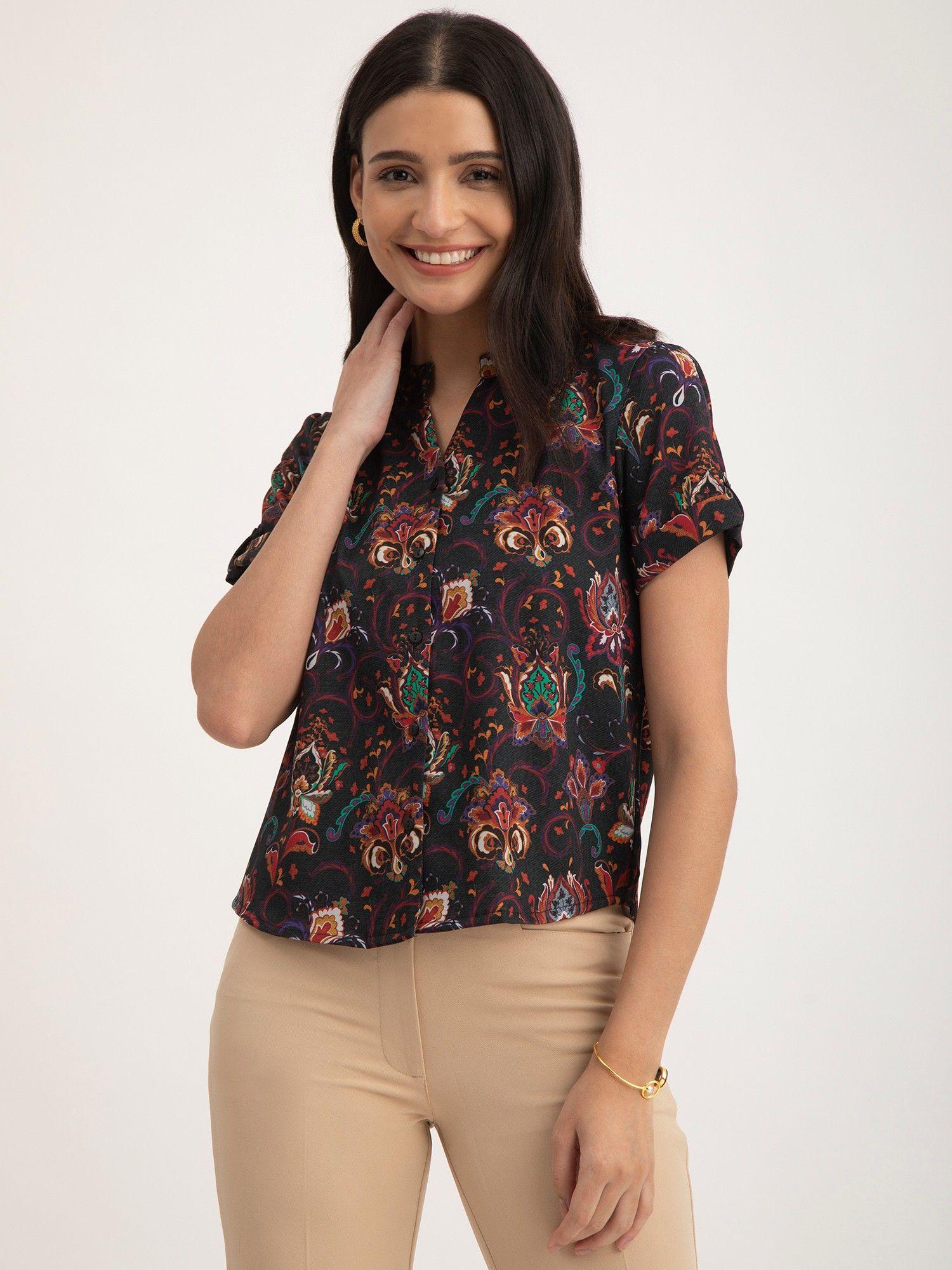 floral printed relaxed fit top - navy blue
