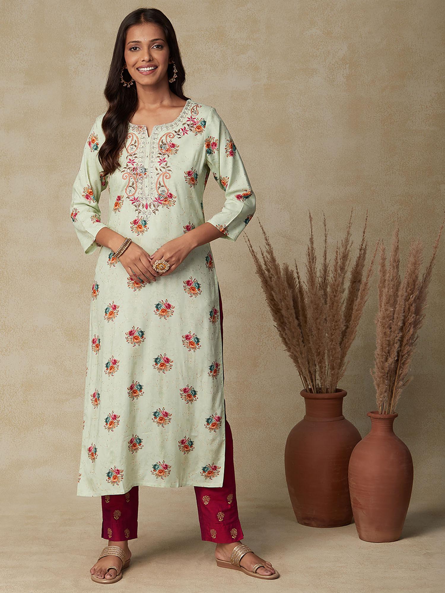 floral printed resham, sequins & zari dori embroidered kurta -green