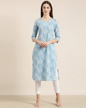 floral printed round-neck straight kurta